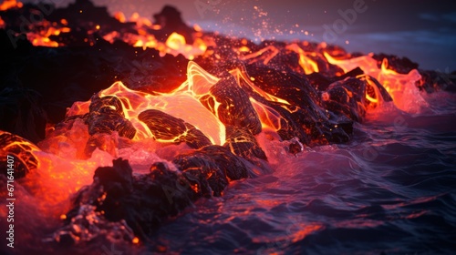 Molten lava solidifying near the ocean shore.