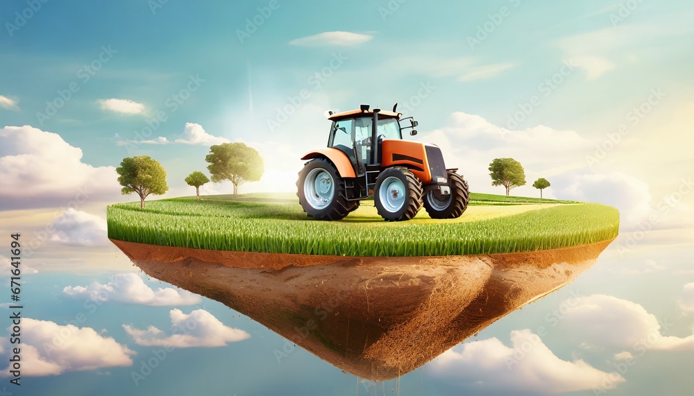 3d illustration of smart farming concept, tractor on a floating piece of land with farm meadow and crops. farm rural on a flying island, digital farming concept 3d design with clouds. - obrazy, fototapety, plakaty 