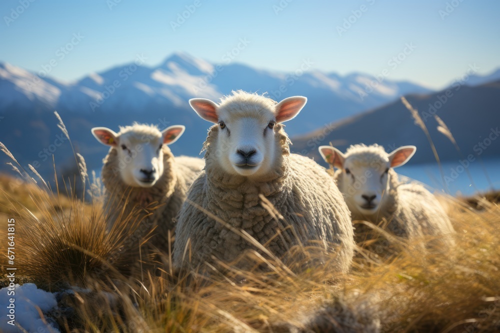 Fototapeta premium Three sheep in the hillside meadow Wanaka Ski Area Road, South Island, New Zealand
