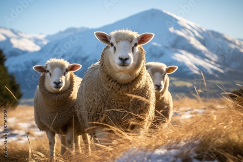 Three sheep in the hillside meadow Wanaka Ski Area Road  South Island  New Zealand