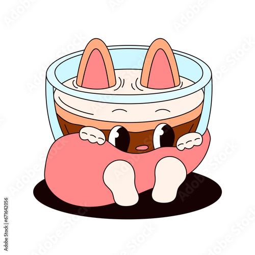Groovy drink character with cats ears and tail. Cartoon retro style. Cup of coffee. Vector illustration isolated on a white background.