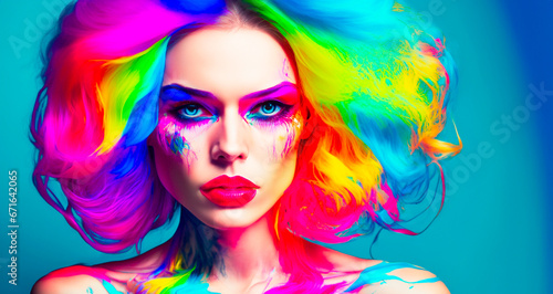 Fashion portrait of a beautiful young woman with bright make-up and multicolored hair.