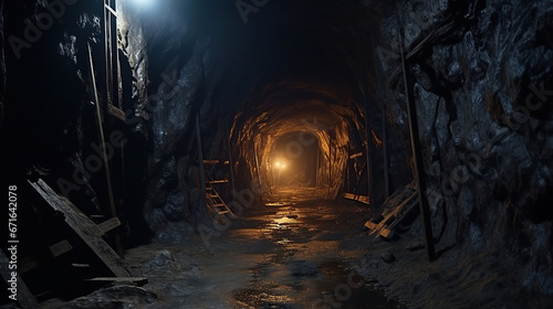Angled shot of underground mine passage.