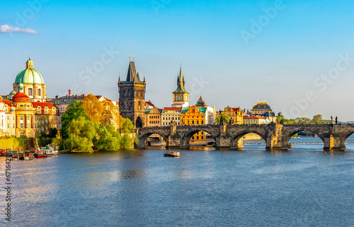 Photography Prague cityscape and Charles bridge over Vltava river, Czech Republic