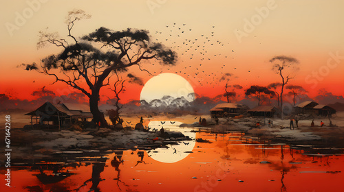 illustration of traditional painting landscape of the birds in the morning.