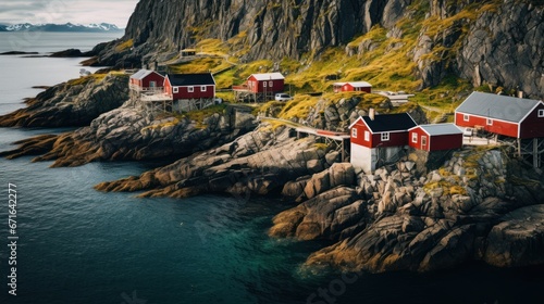 Traditional red Rorbu fisherman's huts on the rocky coastline of Lofoten Islands, Norway.