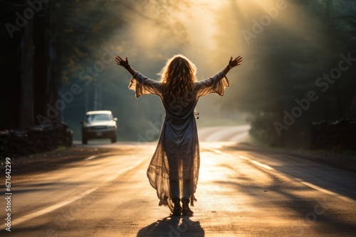 A woman stands with her arms outstretched in the middle of the road.