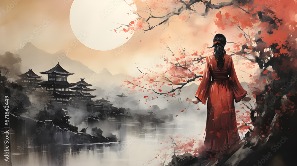 Fototapeta premium a girl in a traditional red dress with a Japanese landscape with a full moon, trees and mountains