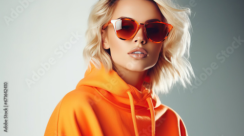 Fashionable confident blonde woman wearing trendy orange sweatshirt, color sunglasses, posing on white background. © Santy Hong