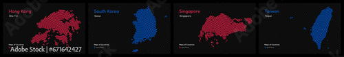 Creative set of Four Asian Tigers, South Korea, Hong Kong, Singapore, Taiwan. Capital. Tiger Cub Economies. World Countries vector maps. Spiral fingerprint series 