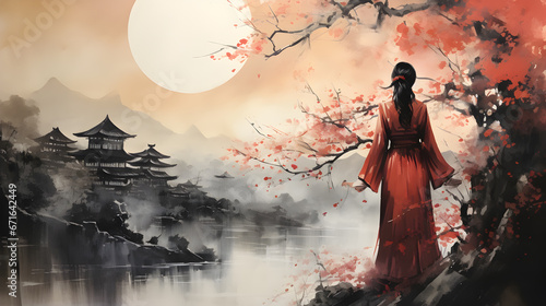 a girl in a traditional red dress with a Japanese landscape with a full moon, trees and mountains
