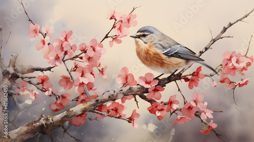 beautiful spring background with bird on a branch