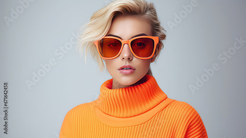 Fashionable confident blonde woman wearing trendy orange sweatshirt, color sunglasses, posing on white background.