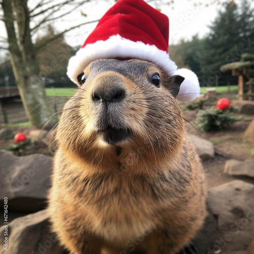 Capybaras celebrating Christmas, in various locations, dressed with Christimas costume.