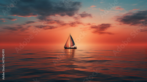red yacht sailing on the sea on beautiful sunset