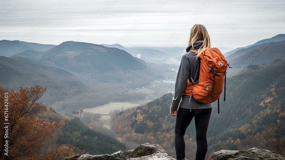 a young woman climber admiring view from mountain top. generative AI a young woman climber admiring view from mountain top. generative AI