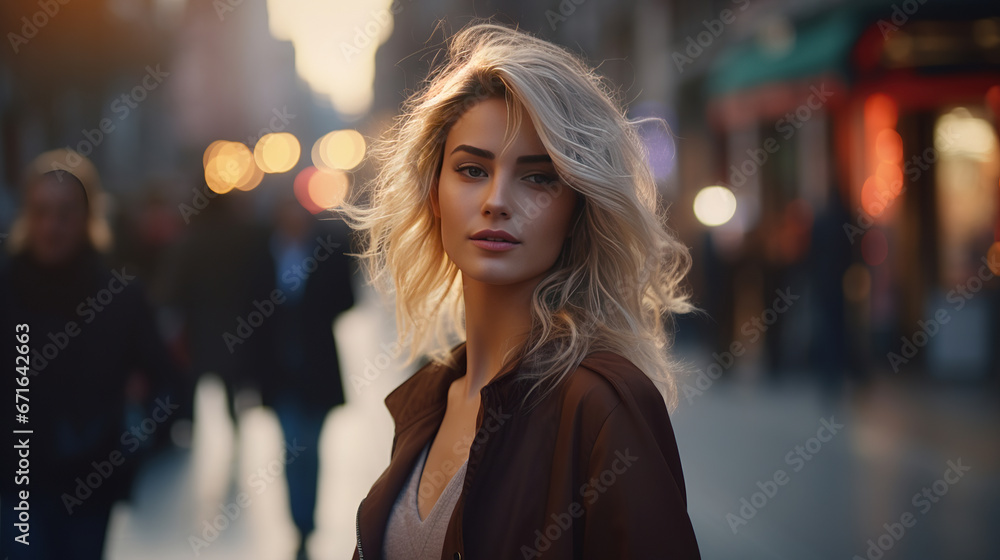 Gorgeous blonde woman walking down the sidewalk in streets of Istanbul.