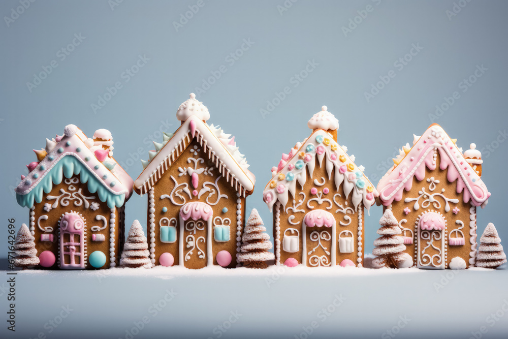 Charming Christmas gingerbread chalets adorned with sweets isolated on a gradient background 