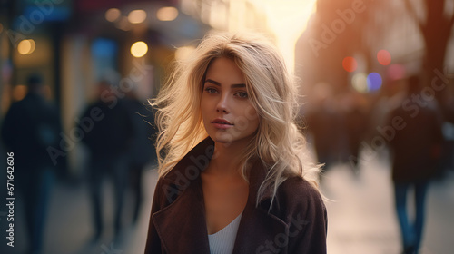 Gorgeous blonde woman walking down the sidewalk in streets of Istanbul.