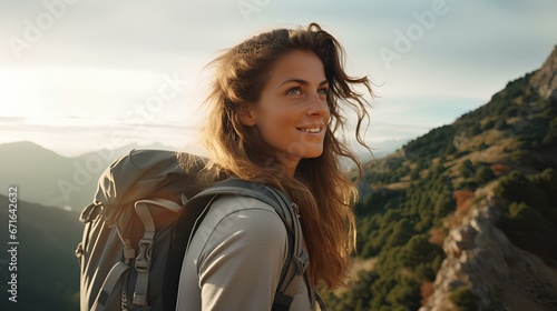 a young woman climber admiring view from mountain top. generative AI photo