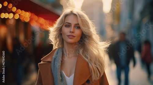 Gorgeous blonde woman walking down the sidewalk in streets of Istanbul. © Santy Hong