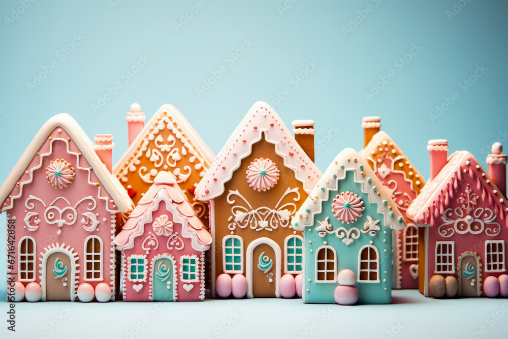 Enchanting pastel-toned gingerbread houses with candy accents isolated on a gradient background 
