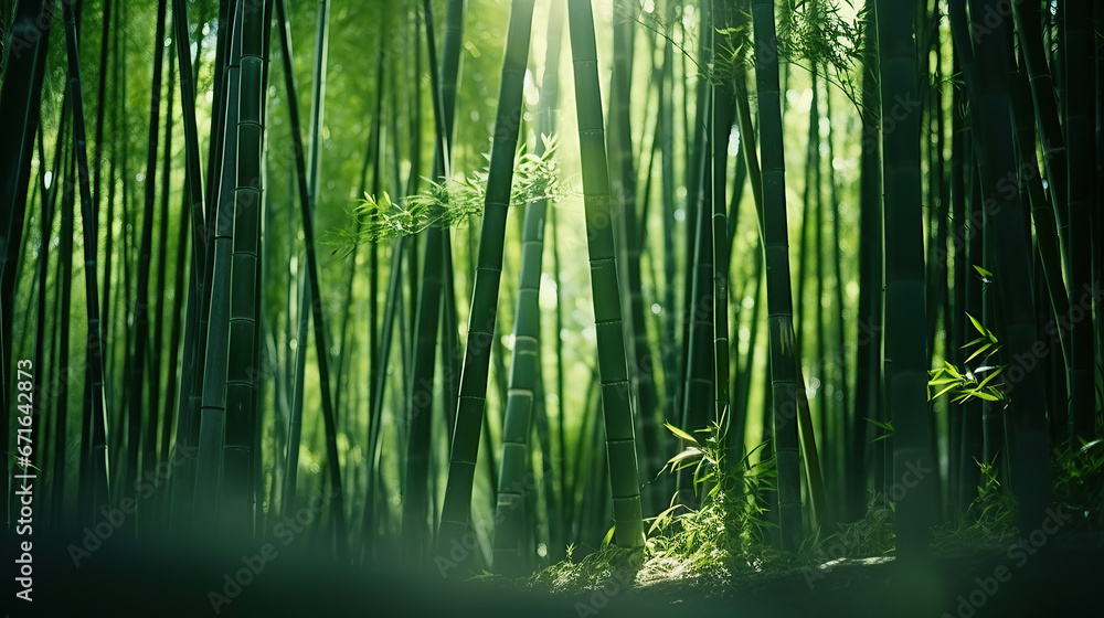 Lush greens and strong vertical lines of trees in a bamboo grove. Lush greens and strong vertical lines of trees in a bamboo grove.