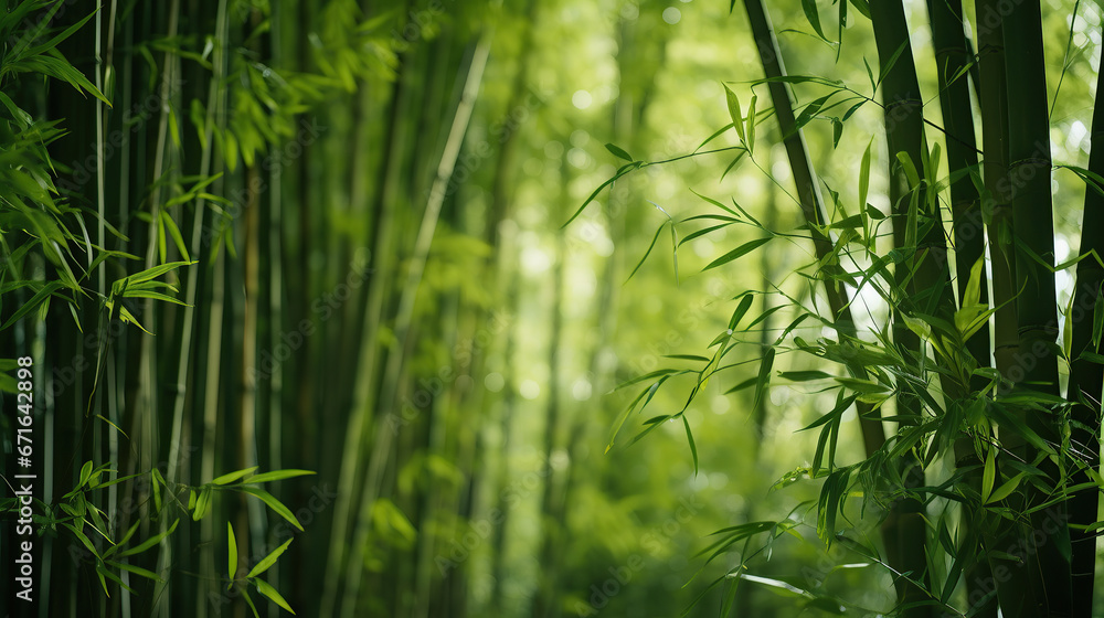 Lush greens and strong vertical lines of trees in a bamboo grove. - obrazy, fototapety, plakaty 