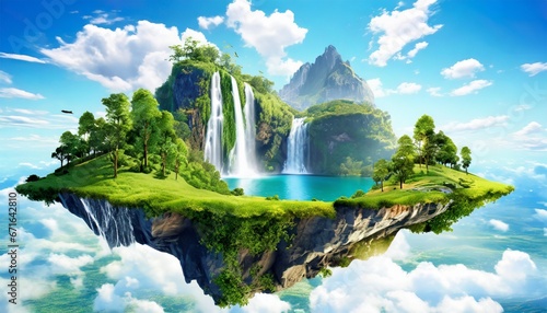 Flying green forest land with trees, green grass, mountains, blue water and waterfalls isolated with clouds. Floating island with greenery and beautiful landscape scenery. isolated on blue background