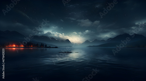 night landscape with mountains, lake and stars