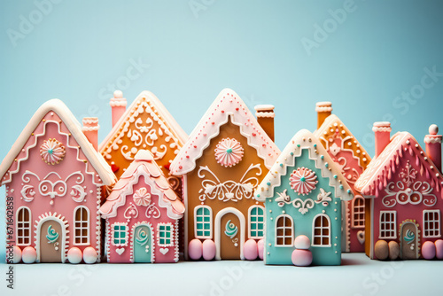 Enchanting pastel-toned gingerbread houses with candy accents isolated on a gradient background 