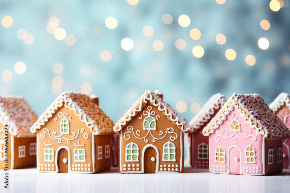 Sugarcoated gingerbread homes in pastel holiday ambiance background with empty space for text 