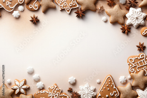 Pastel Christmas canvas with gingerbread decor background with empty space for text 