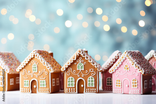 Sugarcoated gingerbread homes in pastel holiday ambiance background with empty space for text 
