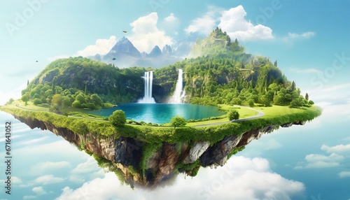 Flying green forest land with trees, green grass, mountains, blue water and waterfalls isolated with clouds. Floating island with greenery and beautiful landscape scenery. isolated on blue background