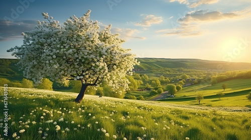 Moravian green rolling landscape with blooming apple-tree. Landscape with white spring flowering trees on green hill, which is highlighted by the setting sun. Natural seasonal landscape. photo