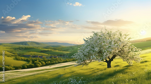 Moravian green rolling landscape with blooming apple-tree. Landscape with white spring flowering trees on green hill  which is highlighted by the setting sun. Natural seasonal landscape.