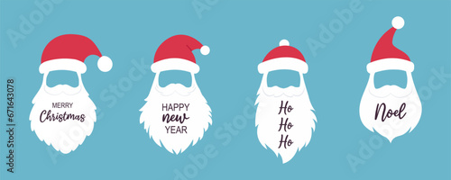 Santa Claus hat, mustache, beard. Merry Christmas lettering. Happy New Year phrases. Winter design for poster, greeting card. Cartoon vector illustration photo