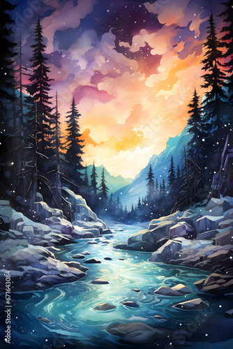 watercolor painting of beautiful winter mountain forest
