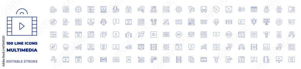 100 icons Multimedia collection. Thin line icon. Editable stroke. Multimedia icons for web and mobile app.