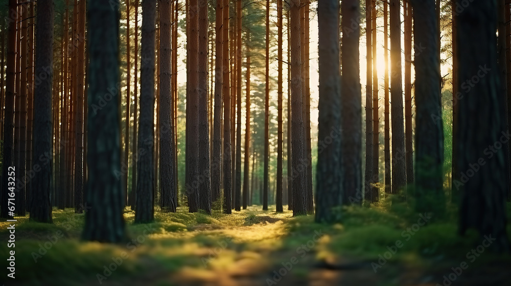 Nordic pine forest in the evening light. Short depth-of-field. Nordic pine forest in the evening light. Short depth-of-field.
