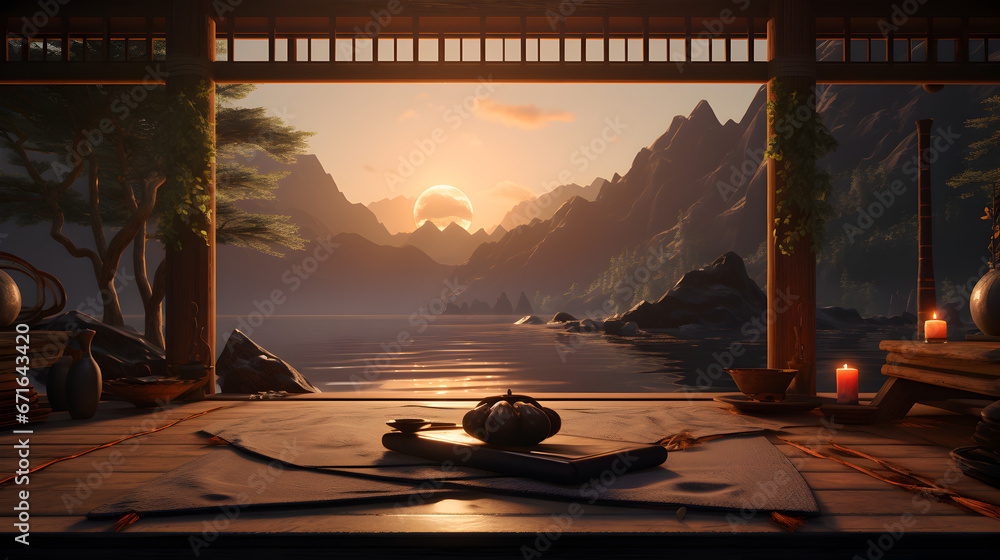  japanese temple with a view of the mountains and the sunset - obrazy, fototapety, plakaty 