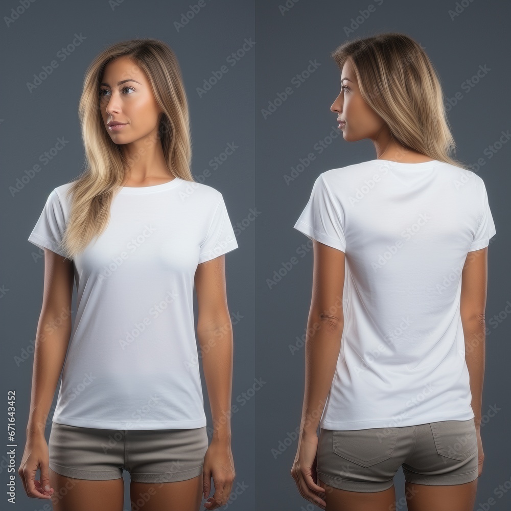female model wearing white tshirt for muck presentation front and back view female model wearing white tshirt for muck presentation front and back view