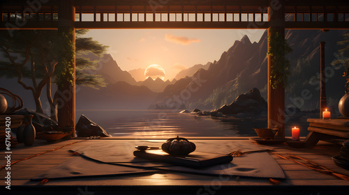  japanese temple with a view of the mountains and the sunset