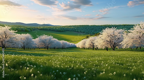 Panoramic view of the field waves with blossoming trees. photo