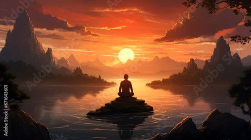 silhouette of man meditating on a lake at sunset.