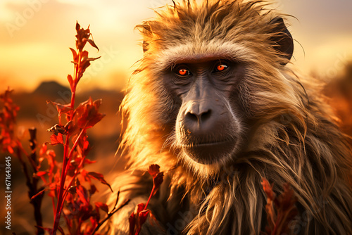 Wildlife Encounter Majestic Baboon on the African Savannah, Generative Ai photo