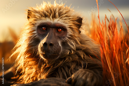 Wildlife Encounter Majestic Baboon on the African Savannah, Generative Ai © wannapong