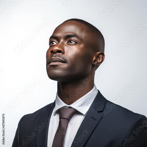 African American black man facial portrait on white background ambitus looking ahead side up close view in business suite jacket and tie corporate worker owner employee employer photo
