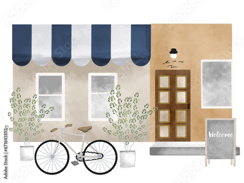 カフェの店舗　aiデータでは、自転車と観葉植物（鉢植え）とカフェ看板が移動可能です。